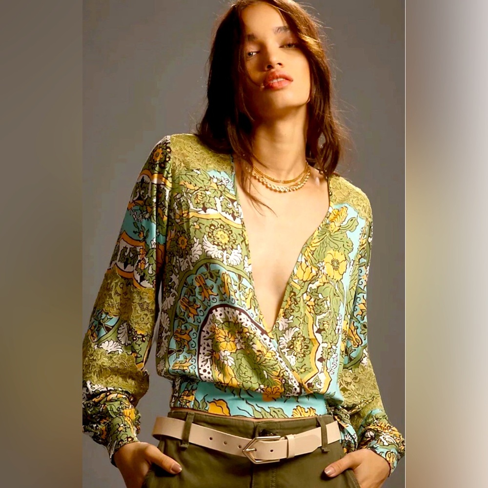 Anthropologie Tiny Boho Long-Sleeve Floral Printed V-Neck Wrap Top Size XS NEW